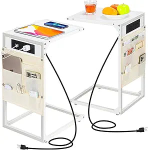 C Shaped End Table Set of 2, TV Tray with Charging Station, USB Ports and Outlets, Slide Under Couch, Storage Bag, for Small Spaces (White)