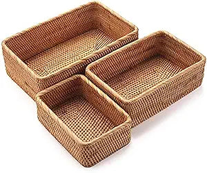 Yangqihome Natural Rattan Storage Baskets, Rectangular Woven Fruit Baskets, Decorative Wicker Basket and Small Baskets for Organizing (Set of 3)