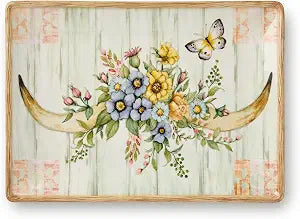 Rosewood 14x10-Inch Rectangular Platter, Western-Inspired Design with Longhorn Horns, Floral Accents & Butterfly, Rustic Wood-Grain Background, Durable Ceramic for Serving & Farmhouse Dcor