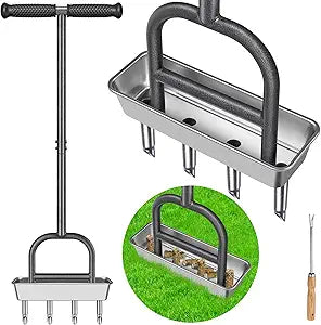 Lawn Coring Aerator Tool, Stainless Steel 4-Core Manual Plug Aerator for Yard & Lawn Aeration, Durable Aeration Tool with Soft Rubber Grip for Compacted Soil & Grass Care