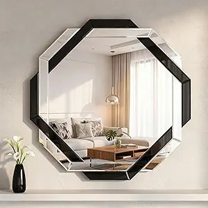 Vercraft Black Bathroom Mirror Decorative Beveled Edge Frameless Mirror Wall Mirrors Hexagon Silver Polished for Wall Bathroom Vanity Room Bedroom Living Room and Enter Way (24"24")