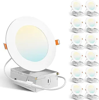 Amico 12 Pack 4 Inch 5CCT Ultra-Thin LED Recessed Dimmable Ceiling Light with Junction Box, 2700K/3000K/3500K/4000K/5000K Selectable, 10W Eqv 60W, 800Lumens, High Brightness Downlight - ETL&FCC