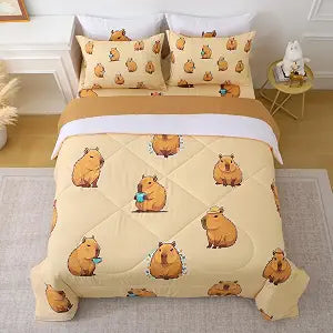 Wajade Capybara Comforter Set 7 Piece Cute Brown Animal Bedding Set Capybara for Boys Girls Room Decoration Full Size with Sheet and 2 Pillowcases 2 Pillow Shams Cute Bed in a Bag as Birthday Gift