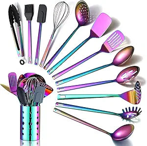 Rainbow Kitchen Utensils Set,13 Pieces Stainless Steel Cooking Utensils Set With Titanium Rainbow Plating,Kitchen Tools Set With Utensil Holder For Non-Stick Cookware Dishwasher Safe (13 Packs)