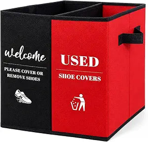 Shoe Cover Box with Door Hanging Sign Foldable Double Compartment Storage Bin, Freestanding Dispenser Organizer for Home, Office, Entryway (Black Red)