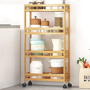 4-Tier Bamboo Kitchen Rolling Cart Removable Wood Trolley Island Cart, Utility Cart Multi-Layer Storage Shelf Rack on Wheels (19.7" L X 7.1" W X37.8 H)