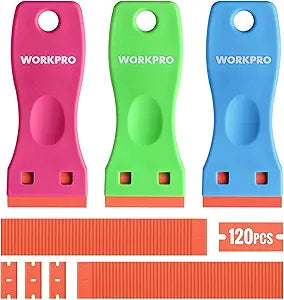 WORKPRO Plastic Razor Blade Scraper Kit, 3 Scrapers with 120 Blades