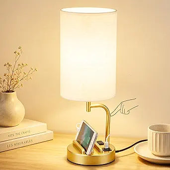 Dreamholder Touch Control USB Table Lamp with USB C/A & AC Outlet, 3-Way Dimmable Bedside Lamp, Modern Nightstand Lamps for Bedroom Living Room Guest Room Office, Bulb Included, Gold