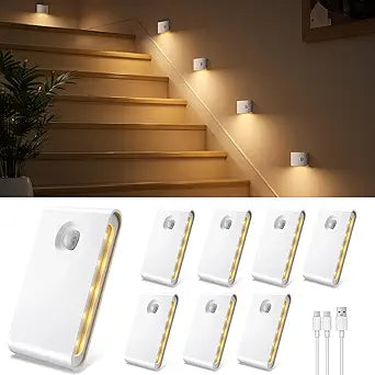 EZVALO Motion Sensor Stair Lights Indoor, Rechargeable Night Lights with Magnetic & Dimmable, Auto On/Off 3000K Soft White, Stick-On for Stairs, Hallway, Bathroom (8 Pack)