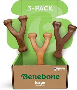 Benebone 3-Pack Wishbone Durable Dog Chew Toy for Aggressive Chewers, Variety Pack-Bacon, Chicken, Peanut Made in USA, Large