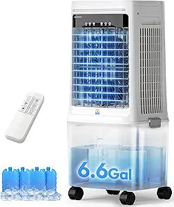3-in-1 Portable Evaporative Air Cooler - 2000 CFM Swamp Cooler with 6.6-Gal Dual Tank & 4 Ice Packs, Remote Control, 12H Timer, Oscillating Cooling Fan That Blows Cold Air for Large Room, Office