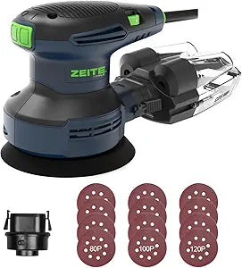 ZEITE Random Orbital Sander Tool, Electric Palm Sander, 3.0 Amp Wood Sanding Machine, Variable Speed 5000-12000 OPM, Cyclonic Dust Box, Vacuum Adapter, 12Pcs 5" Sandpapers for Sanding and Polishing