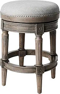 Maven Lane Pullman Backless Counter Stool 26 Inches - Swivel Stool with Footrest - Grey Solid Wood Frame & Grey Fabric Upholstery - Perfect for Kitchen Islands & Counters