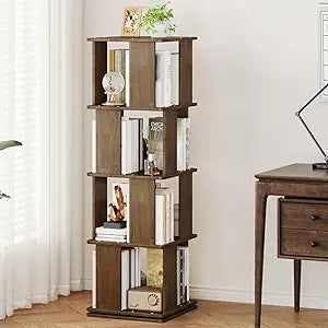 Uniclinens Wooden Rotating Bookshelf Tower 4-Tier, 360 Display Spinning Bookcase, Narrow Revolving Book Shelf Organizer for Kids&Adults, Bookshelves Floor Standing Storage Rack, Walnut