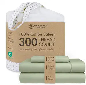 Threadmill 300TC Cotton Twin Sheet Set, Sateen, Solid, Sage Green, 3-Piece