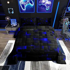 Erosebridal Black Navy Royal Blue Comforter Set Twin Neon Geometric Checkered Bedding Set for Teen Boys Gamer Room Decor,Abstract Stereoscopic Grids Quilt Square Plaid Check Bed Set 2 Pcs