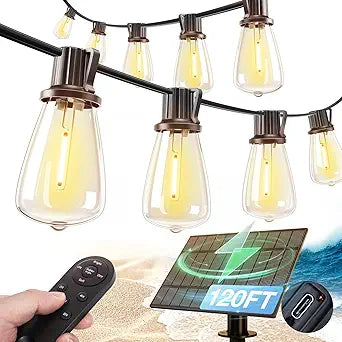 addlon 120FT(114+6) Solar String Lights Outdoor, Waterproof Solar Powered Outside Lights with Remote & USB Port, ST38 LED Shatterproof Bulbs, Dimmable Solar Light for Camping Backyard Porch