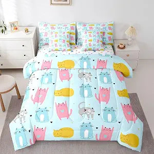 Feelyou Cat Comforter Set with Sheets 7 Piece Full Size Cute Kitten Bedding