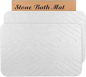 Stone Bath Mat, 2 Pack Diatomaceous Earth Shower Mat, Non-Slip Super Absorbent Quick Drying Bathroom Floor Mat, 24x15, White