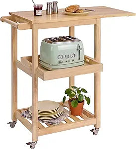 Best Choice Products Rolling Kitchen Island Cart W/Drop Leaf Extension, Solid Wood, Removable Tray, Storage Shelf, Towel Rack, Lockable Wheels, Space-Saving Coffee Cart, Microwave Stand