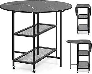 GOFLAME Folding Dining Table, Mobile Round Extendable Kitchen Table with 2-Tier Storage Shelves, 2 Lockable Wheels, Space Saving Collapsible Drop Leaf Dinner Table for Dining Room, Small Space, Black