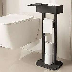 Wealone 4-in-1 Black Toilet Paper Holder Stand with Storage Shelf Box, 360 Rotating Bamboo Free Standing Toilet Tissue Roll, Toilet Wipes Dispenser Organizer, Temporary Desktop for Bathroom (Patent)