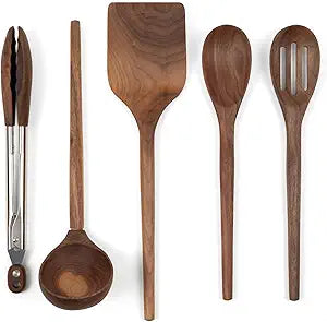 Salt & York 5-Piece Walnut Kitchen Utensil Set with Turner, Tongs, Slotted Spoon, Ladle and 12" Spoon, Farmhouse Style Kitchen & Cookware, Ideal for Entertaining, Wedding and Housewarming Gift