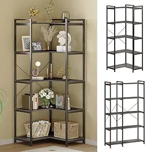Tohomeor Bookshelf 5 Tier Deformable Corner Bookcase Free Standing Modern Industrial Book Storage Display Book Shelf for Bedroom Living Room Study Room Office (Dark Grey)