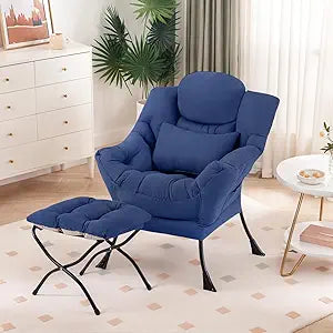 Furlide Lazy Chair with Ottoman, Modern Lounge Chair with Lumbar Pillow, Accent Cozy Reading Armchair and Folding Footstool for Bedroom, Dorm, Living Room,Peacock Blue
