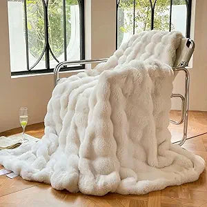 Luxury Faux Rabbit Fur Bubble Throw Blanket, Elegant White, Ultra Soft Plush 3D Bubble Design, Reversible Mink Blanket for Couch, Sofa, Bed & Living Room, 50" x 60" Gift for Women & Family