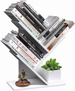 R RUISHENG 3 Tier Small Tree Bookshelf Storage Organizer Shelves Floor Standing Bookcase Desk Wood Storage Rack for Home Office Living Room Bedroom Display for Book Magazine CD manga Warm White