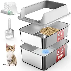 Stainless Steel Litter Box with Lid, Sifting Litter Box for Pine Pellets, 17.313.410.5 Enclosed Metal Litter Boxes for Small Cats & Kittens, High Sided Anti-Leakage, Easy Cleaning, Less Tracking