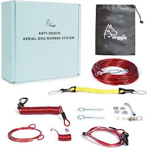 Dog Runner for Yard,Anti-Shock Aerial Trolley System 50/75/100/150/200FT,Heavy-Duty Dog Run Cable with Bungee for Small and Large Breeds,Pet Run and Zip Line for Backyards