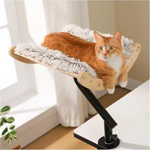 PEQULTI Wooden Desk Cat Bed, 360 Rotating Desktop Wood Perch for Office Home, Heavy Duty Table Edge Cat Hammock Holds up to 50lbs, Space-Saving Premium Wood Bed for Desk with Cushion, Beige
