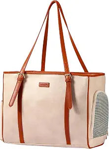 Lasaviin Fashion Dog Purse Pet Carrier Leather Bag for Small Dogs Cats Puppy, Portable Tote Bag Airline Approved Soft-Sided Carriers (Beign)