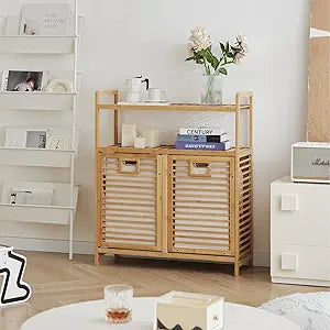 Baveke Double Tilt Out Laundry Hamper, Bamboo Hamper with 2 Removable Bags, Pull Out Laundry Hamper Cabinet, Bathroom Storage Shelf for Laundry Room, Living Room, FSC-Certified Bamboo, Natural