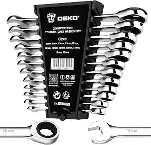 DEKOPRO 12-Piece Ratcheting Wrench Set 8-19mm Metric Standard, Fixed Head Combination Wrenches Set with Rack Organizer, Cr-V Steel, 12 Point 72 Teeth
