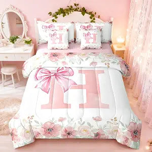 Erosebridal Alphabet H Bed in A Bag, Initial Letter H Bowknot Bedding Sets Full Size for Kids Girls, Kawaii Girly Princess Bed Set Bedroom Decor Flower Floral Spring Comforter Set with Sheets