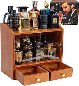 Wooden Cologne Organizer for Men for Dresser Countertop Dust-Proof Perfume Cabinet for Women, Big Cologne Case with Dual Drawer, Large Cologne Shelf Gift Box Included - Walnut Brown