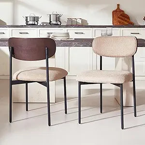 GrandNoor Fabric Dining Chairs Set of 2, Armless Upholstered Kitchen Chairs with Wood Grain Back, Modern Dining Room Chairs with Ergonomic Curved Backrest & Metal Legs
