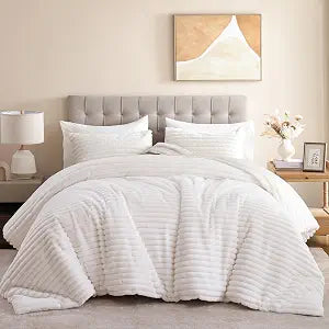 weigelia Queen Comforter Set 7 Piece Fluffy Fleece Bedding Set, Soft Cream White Bed Set with Luxury Fuzzy Bed in a Bag, All Season Warm Bedding Sets with Comforter, Sheets, Pillowcases & Shams