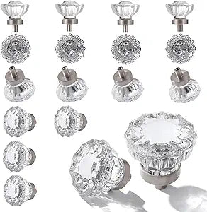 Crystal Cabinet Knobs 16 Pack Clear Glass Pulls for Kitchen Bedroom Bathroom Living Room Furniture, Brushed Nickel Silver Base Old Style Cabinets Closet Dresser Drawers Cupboard Accessories