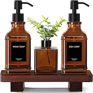 Modern Kitchen Soap Dispenser Set with Wood Tray, Amber Glass Soap Dispensers with Pump, Decorative Hand and Dish Soap Dispenser Set, Soap and Lotion Dispenser Upgrade for Kitchen and Bathroom Decor