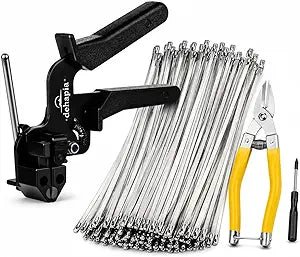 Heavy Duty Stainless Steel Cable Tie Gun Kit 150 PCS 11.8 Metal Zip Ties with Tensioning & Flush Cutting Tool for Fence Repair, Exhaust & Outdoor Use