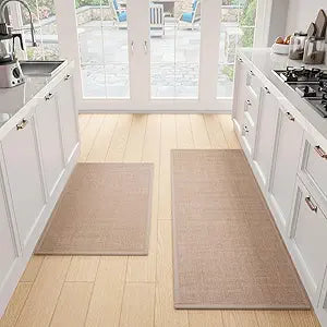SUMLANS Kitchen Mat Set of 2 PCS, Cushioned Non Slip Rugs for Kitchen Floor, Absorbent Runner Comfort Standing Mats Washable for Kitchen, Office, Home (Camel, 17.3"x47"+17.3"x30")