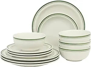 Gibson Home Hometown Diner 12-Piece Porcelain Dinnerware Set, Round Plates and Bowls Set for 4, White with Green Rim, Dishwasher Safe Dinner Plate, Salad Plate & Cereal Bowl