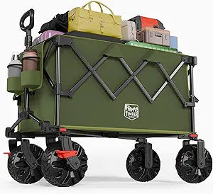 TIMBER RIDGE Outdoor Collapsible Folding Wagon with Brakes and Cup Holders, 500lbs Heavy Duty All Terrain Wheels Utility Cart for Shopping Camping Garden Sports, Green