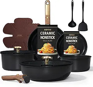 CAROTE 15Pcs Ceramic Cookware Set, Pots and Pans Set Non stick, Kitchen Cooking Set with Detachable Handle, Non Toxic Induction Cookware, Dishwasher/Oven Safe, PFAS Free, Black&Gold