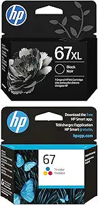 HP 67 Ink Cartridge Bundle – 67XL Black High‑Yield (3YM57AN) + 67 Tri‑Color Standard Yield (3YM55AN) | Works DeskJet 2700, 4100, 4200 Series; DeskJet Plus 4122, 4155