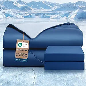 DOWNSTORIA Cooling Comforter Queen Size with Pillow Cases, Lightweight Cooling Blankets for Hot Sleepers, Soft Breathable Cold Blanket for Summer with Dual-Sided Cool Tech Navy/Light Blue, 90x90 in.